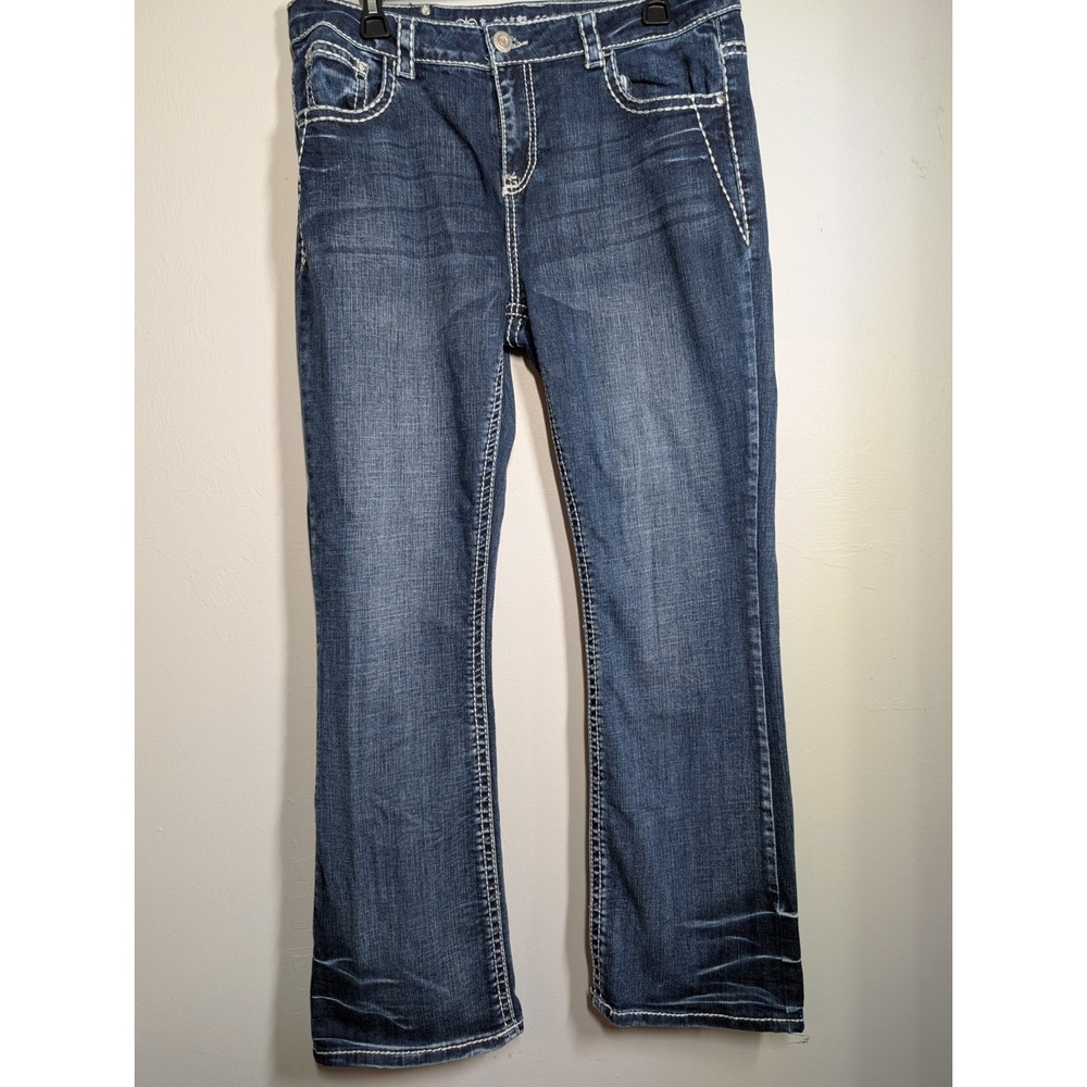 Live Hard Jeans Blue Denim White Stitching Embroidery Mid Rise Women Size 16